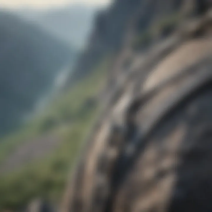 A grey lanyard secured to a climbing harness against a backdrop of a mountain