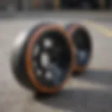 Close-up of high-performance skateboard wheels on a concrete surface