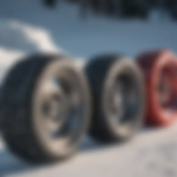 Diverse types of snowboard wheels showcased on a snowy mountain