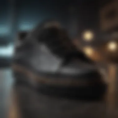 Intricate Design of Black Skate Shoes A close-up view of a black skate shoe showcasing its intricate design.
