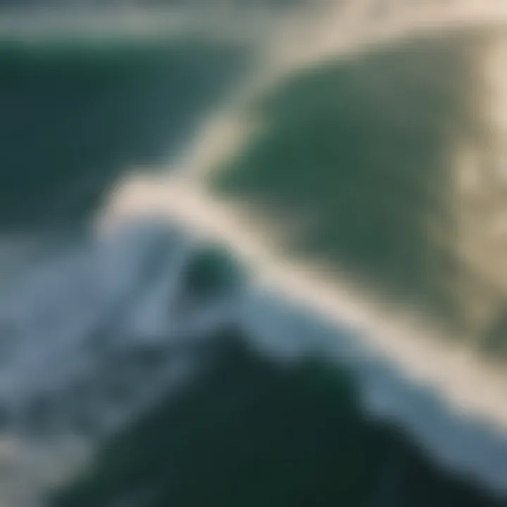 An aerial view of a popular surf spot with longboarders and surfers