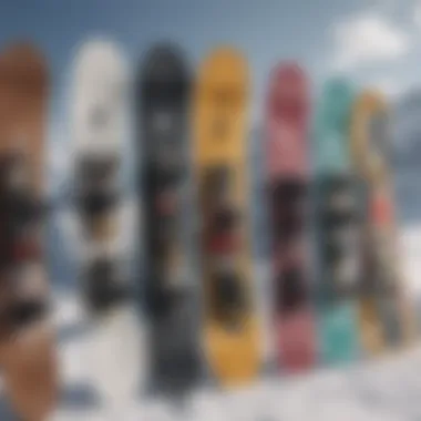 Various types of snowboarding boards lined up, highlighting their unique designs and specifications.