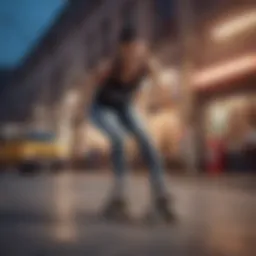 Beatrice Domond showcasing her unique skate style on a vibrant urban backdrop