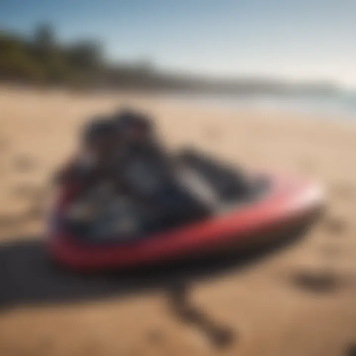 Diverse kitesurfing gear laid out on a beach