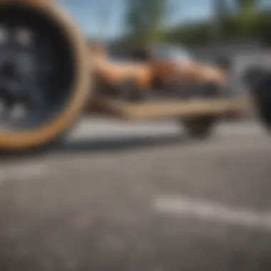 Close-up of the wheels and trucks of a low deck longboard for performance analysis