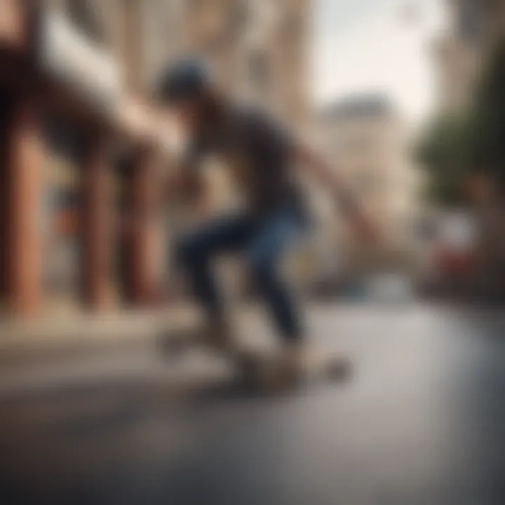 An expert rider performing tricks on a low deck longboard in an urban environment