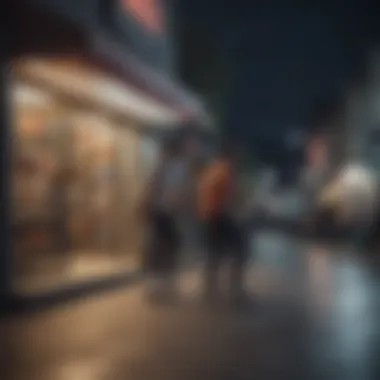 A vibrant street scene featuring skaters performing tricks in front of a skate shop.