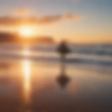 Majestic sunrise over Bondi Beach with surfers catching waves