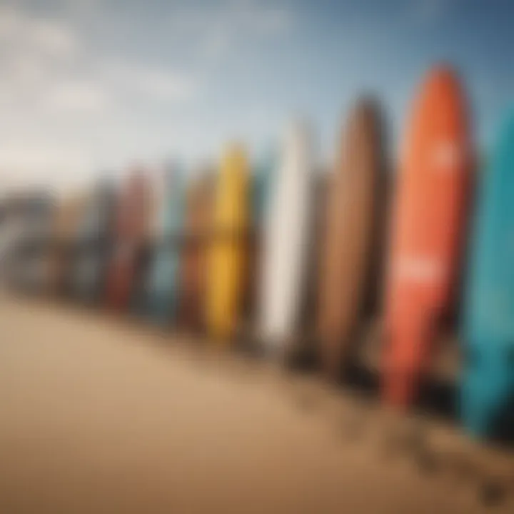 An array of surfboards lined up on the sand, showcasing the variety of gear used by surfers.