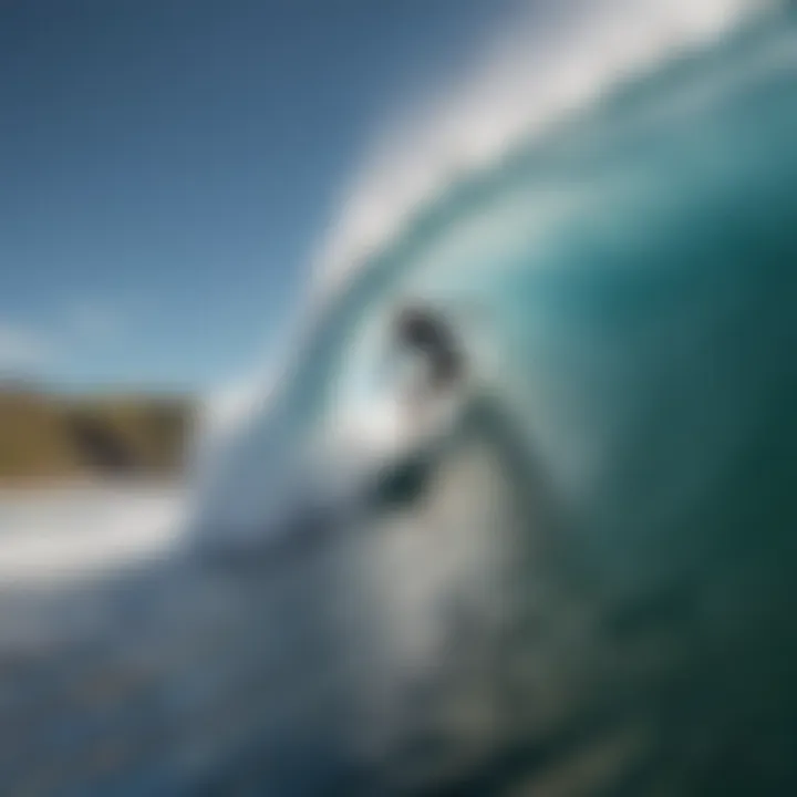 A surfer riding a massive wave, capturing the thrill and excitement of surf travel.