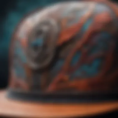 A close-up view of an intricately airbrushed hat showcasing vibrant colors and unique designs.