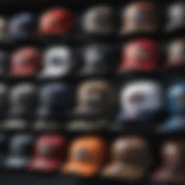 Diverse Collection of Airbrushed Hats A collection of airbrushed hats displayed at a sports merchandise booth, highlighting various styles.