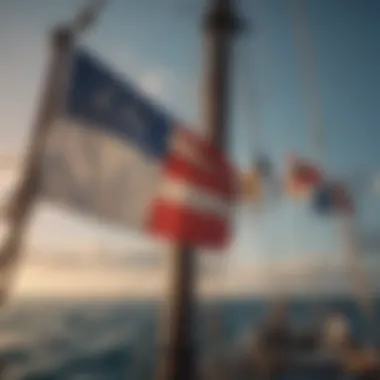 Historical Use of Nautical Flags in Maritime Communication Historical depiction of sailors using flags for communication at sea.