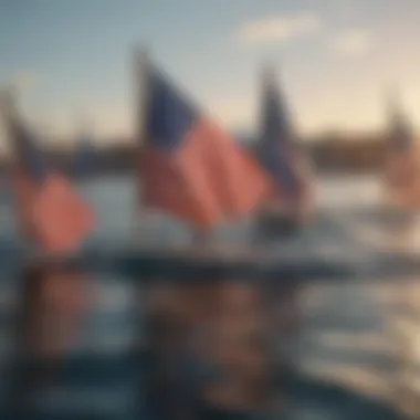 Flags prominently displayed during a regatta event on the water.