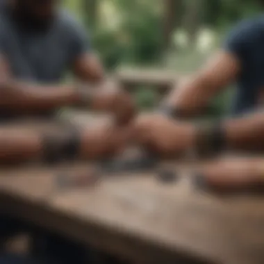A diverse group showcasing their black love bracelets in a communal setting