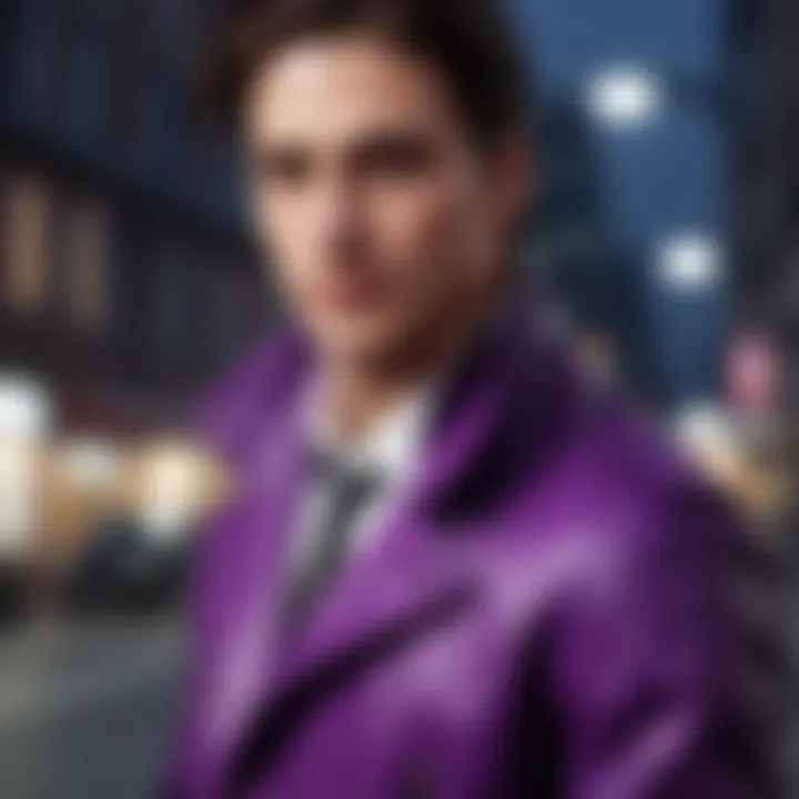 Modern interpretation of purple coats in urban fashion