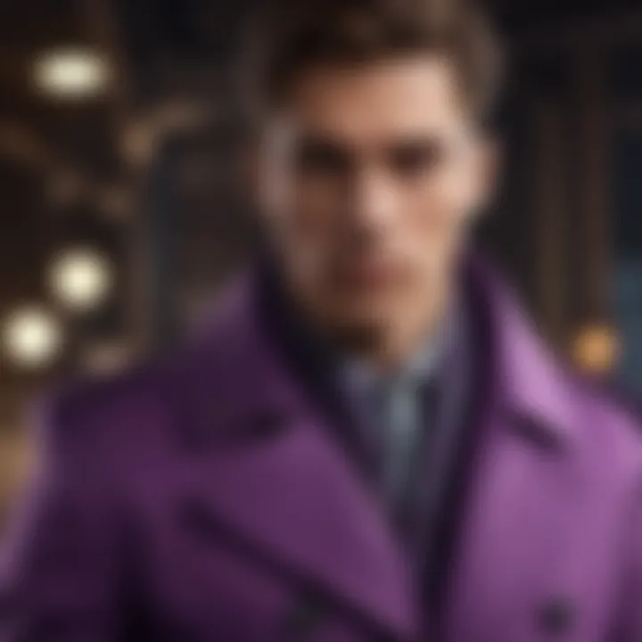 A stylish purple coat paired with contrasting accessories