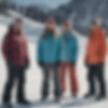 A group of female snowboarders showcasing their Billabong jackets in a snowy landscape