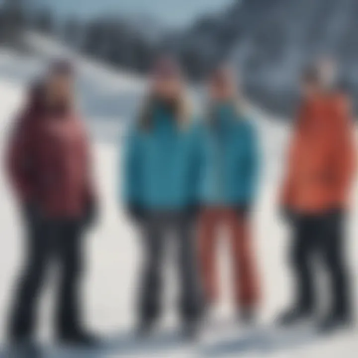 A group of female snowboarders showcasing their Billabong jackets in a snowy landscape