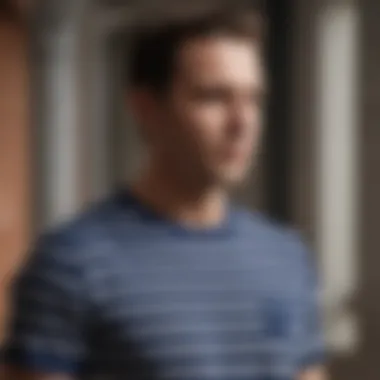 Navy Stripes in Everyday Life Navy stripe t-shirt worn in a casual outdoor setting
