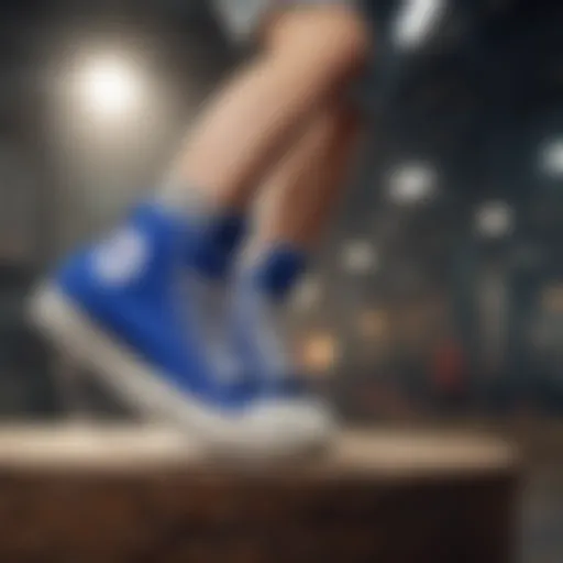 Dynamic action shot of an extreme sports athlete wearing royal blue platform Converse while performing a trick.