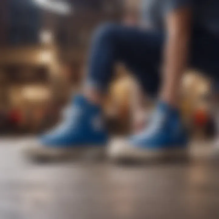 Group of extreme sports enthusiasts casually wearing royal blue platform Converse in an urban setting.