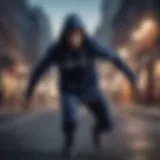 Dynamic athlete performing a stunt in a navy blue hoodie