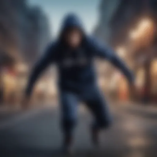 Dynamic athlete performing a stunt in a navy blue hoodie