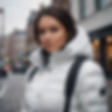 Stylish Outdoor Scene with White Puffer Jacket A stylish outdoor scene featuring a white puffer jacket complemented by fashionable accessories.