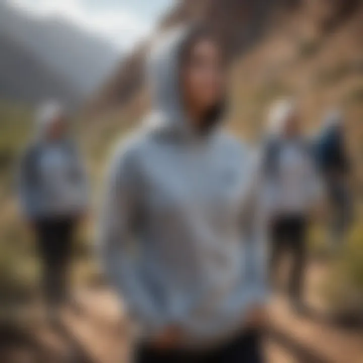 Group of adventurous individuals wearing Baja hoodies during a mountain hike