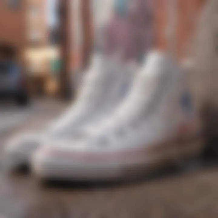 Close-up of all white high top Chucks with a graffiti backdrop