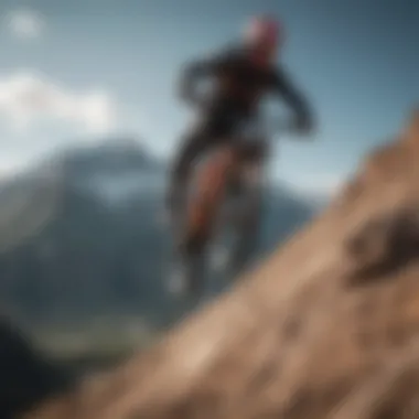 An aerial view of a mountain biker in mid-air during a jump, showcasing performance dynamics.