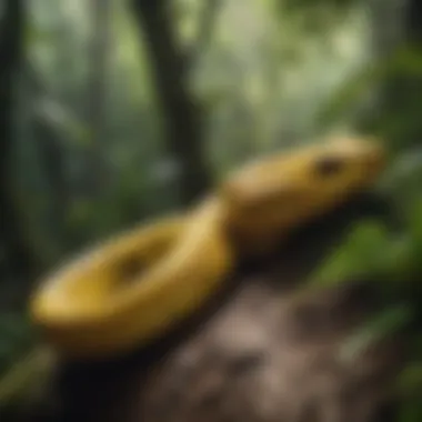 Natural habitat of black and yellow pit vipers in a lush jungle environment