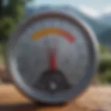 A close-up of a thermometer displaying varying temperatures under outdoor conditions