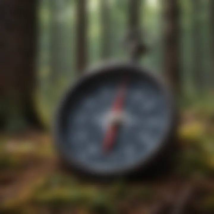 A compass pointing towards East in a forest setting