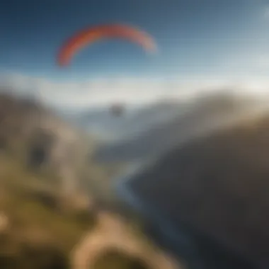 A paraglider soaring high above a picturesque landscape, utilizing downwind currents.