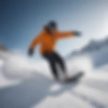 Snowboarder Embracing Downwind Terrain A snowboarder carving through fresh snow in windy conditions on a mountain slope.