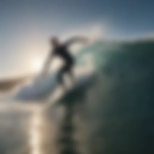 A surfer riding a massive wave with strong winds in the background.