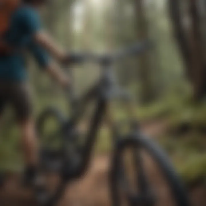 Cyclist adjusting a dropper seat post while riding on a rugged trail