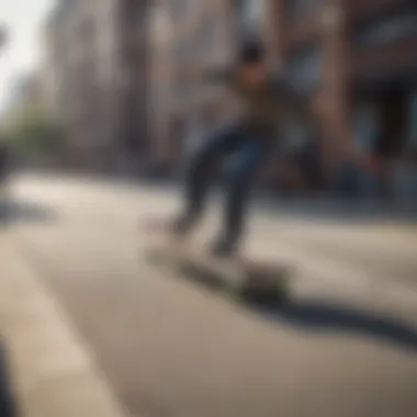 Skateboarder performing tricks on a low skate rail in an urban environment.