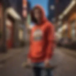 A stylish skateboard hoodie displayed against a vibrant urban background