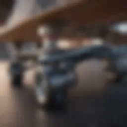 A close-up view of skateboard trucks showcasing different designs and materials.