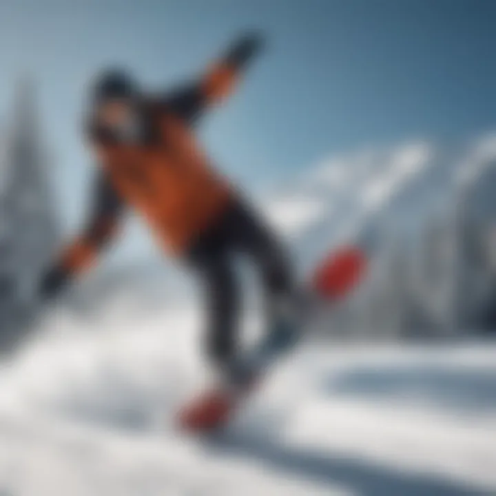 Snowboarder performing a trick with a skull-themed board.