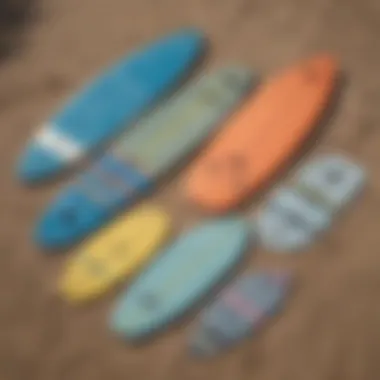 An array of different types of traction pads laid out on a surfboard