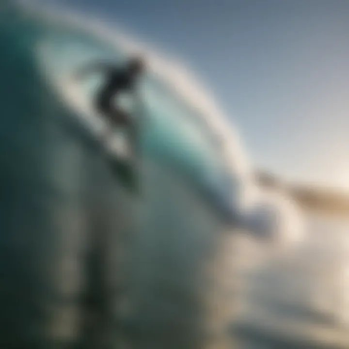 A surfer riding a perfect wave under clear skies