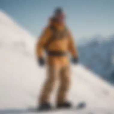 Athlete wearing tan snowboard bibs on the slopes