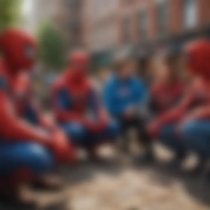 A group of friends wearing Spider-Man hoodies enjoying a casual outdoor setting