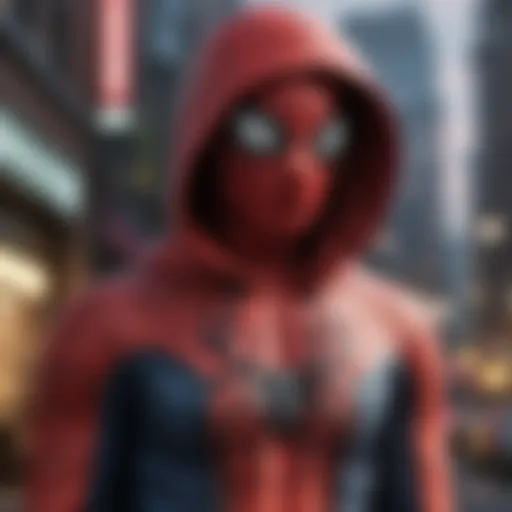 A stylish Spider-Man hoodie showcased against a vibrant urban backdrop