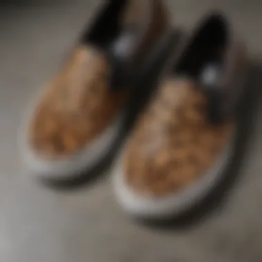 Close-up of the unique animal print pattern on the slip-ons