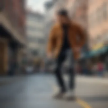 Extreme sports enthusiast wearing a Vans corduroy jacket while skateboarding